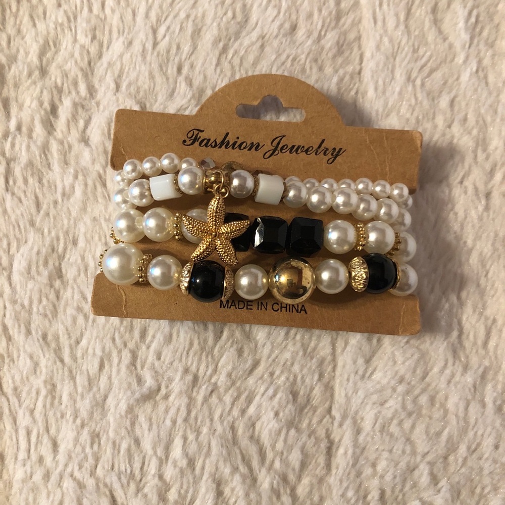 Fashion Jewelry Pearl, Black & Gold Starfish Layered Bracelet Set